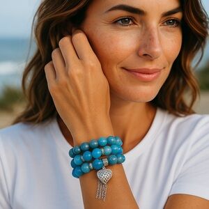 Blue Beaded Stretch Bracelet Set With Silver Heart Charm